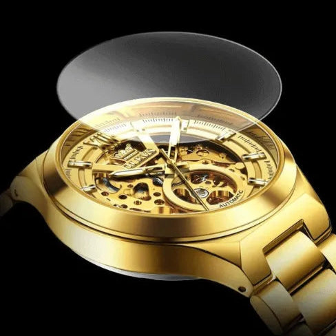 Close-up of All Gold Skeleton Automatic watch showing anti-scratch coated mirror and golden stainless steel design.
