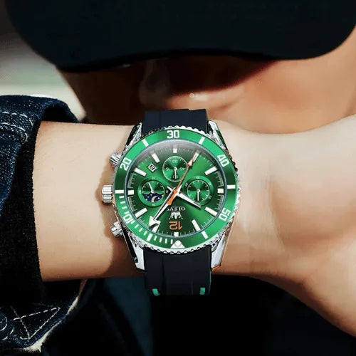 OLEVS Chronog Sport Quartz watch worn on wrist, featuring a striking green dial with luminous hands, sub-dials, and black silicone strap for a sporty look.