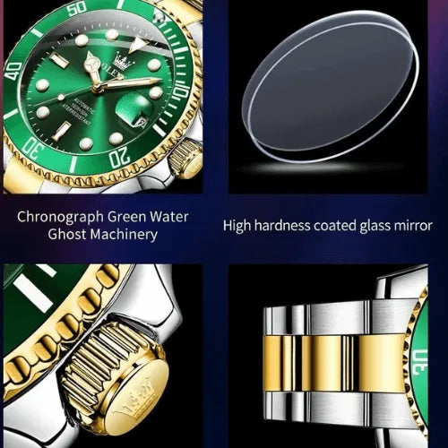 Men’s automatic green dial watch with gold crown, coated scratch-resistant glass, stainless steel and gold bracelet, luminous display, and waterproof features.