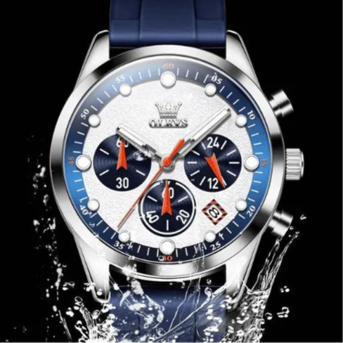 OLEVS men’s chronograph watch with blue strap, waterproof up to 30 metres.