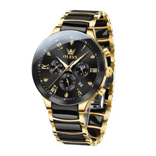 Elegant OLEVS Regal Chronograph Black and Gold watch featuring a black dial with gold Roman numerals, three chronograph sub-dials, date window, and a polished black-and-gold stainless-steel bracelet.