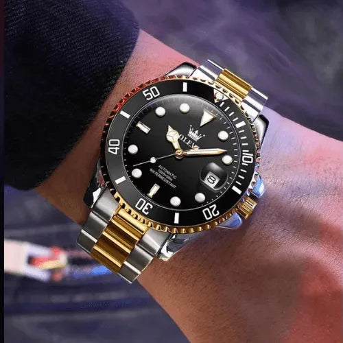 Men’s automatic diver watch silver and gold with luminous black dial, stainless steel bracelet and waterproof design – Olevs UK.