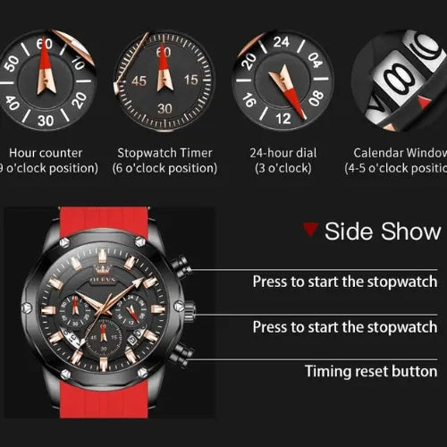 Men’s chronograph sports watch with hour counter, stopwatch, 24-hour dial, calendar window and side button functions.