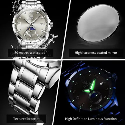 OLEVS Men's Business Quartz Watch Features: 30m water resistance, high hardness glass, textured strap and luminous hands.