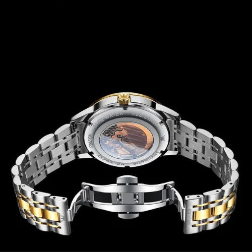 Open strap view of OLEVS silver and gold automatic men’s watch with push button clasp.