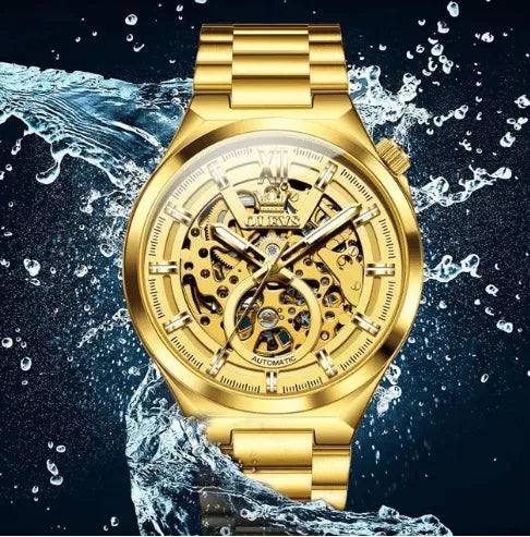 Golden Skeleton Automatic watch with stainless steel case and bracelet, resistant to water up to 30 metres.
