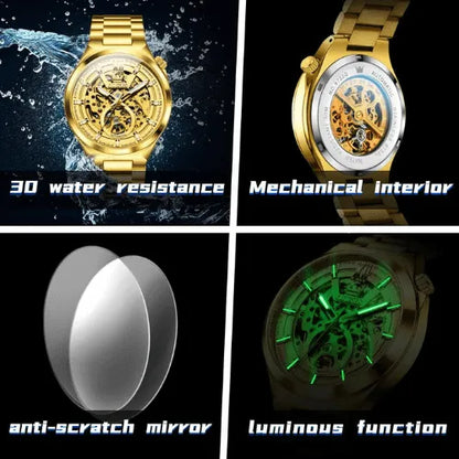 All Gold Skeleton Automatic watch with 30m water resistance, luminous hands and anti-scratch mirror.