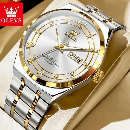 Luxury automatic watch with white dial, gold bezel, and stainless steel bracelet – elegant design for men.