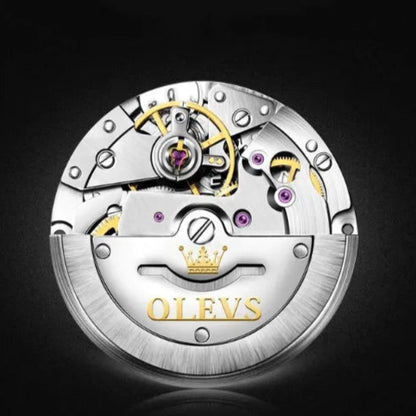 High-precision automatic mechanical movement with visible gears and OLEVS engraved rotor for men’s watch.
