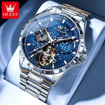 Automatic mechanical watch Sky with blue constellation dial, stainless steel strap, and tourbillon movement.