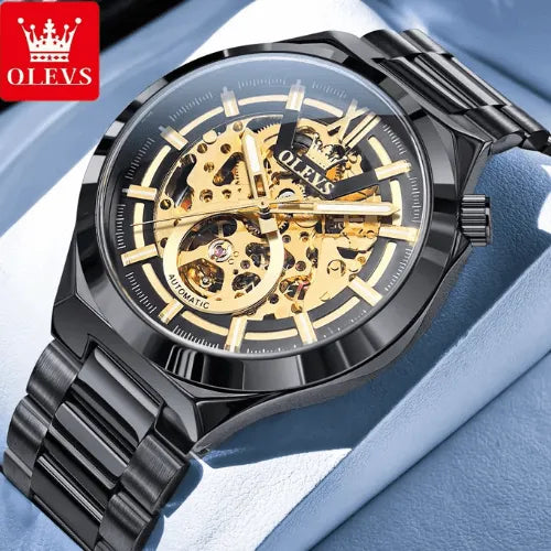 Close-up of the OLEVS Black Gold Skeleton Automatic watch featuring an openwork dial with visible gold gears, black stainless-steel case, and matching metal bracelet.