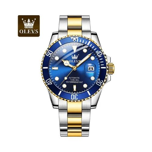 Men’s automatic watch with blue dial, gold bezel accents, stainless steel strap, luminous hands, and date display for luxury and performance.