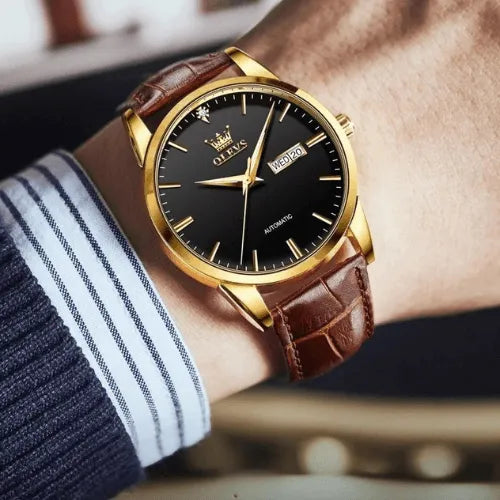 Stylish OLEVS automatic wristwatch with black dial and golden case, shown on wrist.