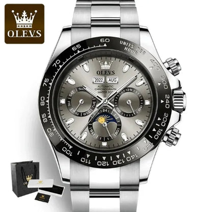Men’s grey dial chronograph automatic watch with full calendar and steel bracelet.