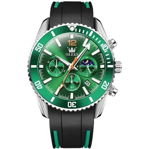 Front view of the OLEVS Chronog Sport Quartz watch with vibrant green dial, three chronograph sub-dials, moon phase indicator, and durable black silicone strap.