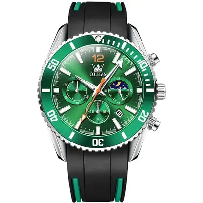 Front view of the OLEVS Chronog Sport Quartz watch with vibrant green dial, three chronograph sub-dials, moon phase indicator, and durable black silicone strap.