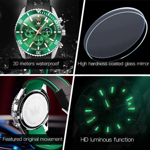 Feature collage of the OLEVS Chronog Sport Quartz watch showing 30-metre water resistance, high-hardness coated glass, luminous hands, and original quartz movement.