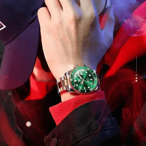 Luxury men’s automatic watch with green dial and gold accents, showcased on wrist for a bold statement.