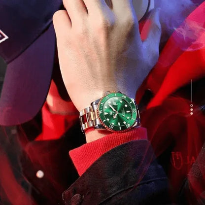Luxury men’s automatic watch with green dial and gold accents, showcased on wrist for a bold statement.