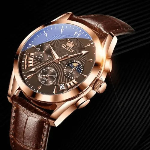 Close-up of men’s rose gold chronograph watch with brown dial and luminous details.