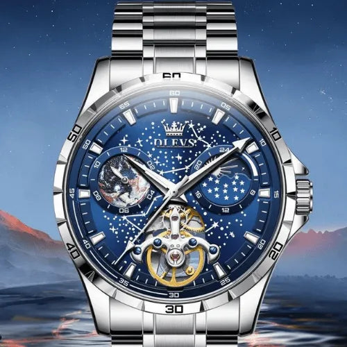 Constellation Dial Automatic Watch with skeleton tourbillon and detailed starry design.
