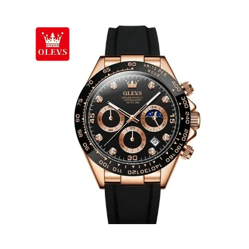 Front view of the OLEVS Dominant Chronograph Black Rose watch highlighting the black dial, rose gold sub-dials, date display, and moon phase indicator.