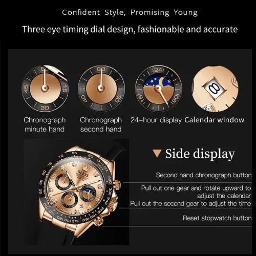 Functional layout of the OLEVS Dominant Chronograph Black Rose watch showing chronograph minute and second hands, 24-hour display, calendar window, and side buttons for time and date adjustment.