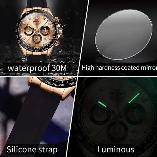 Feature collage of the OLEVS Dominant Chronograph Black Rose watch displaying 30-metre waterproof design, high-hardness coated mirror, silicone strap, and luminous hands for night visibility.