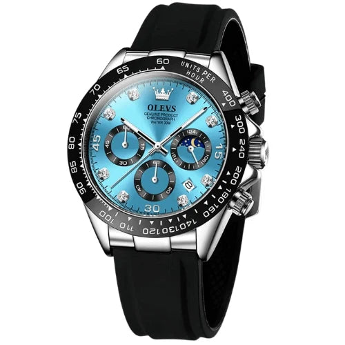 Close-up of Dominant Chronograph Blue Silver men’s watch with black bezel, blue dial and silicone strap.