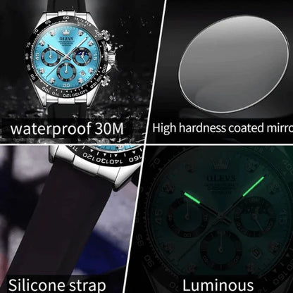 Dominant Chronograph Blue Silver men’s watch with waterproof 30m, luminous hands, silicone strap and coated glass.