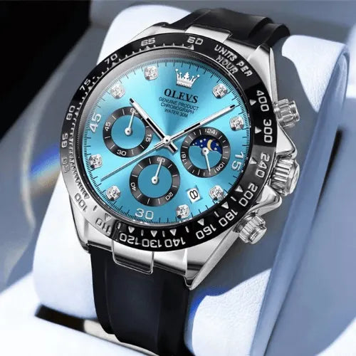 
Dominant Chronograph Blue Silver men’s watch presented in display box with blue dial, black bezel and silicone strap.
