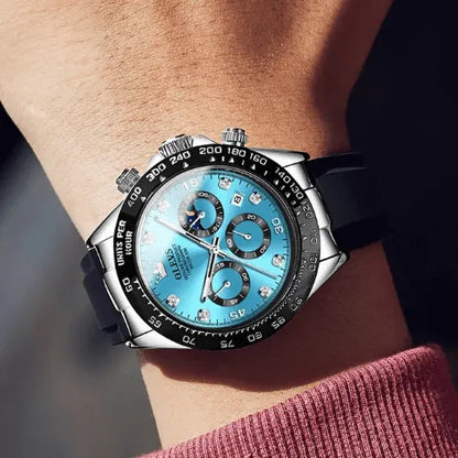 Men’s chronograph watch Dominant Blue Silver on wrist, highlighting bold sporty design and precision details.
