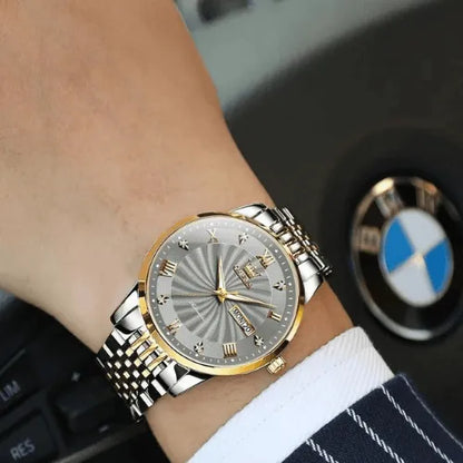 Elegant wristwatch featuring two-tone stainless steel bracelet and refined silver dial