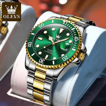 Men’s automatic wristwatch with green dial, stainless steel and gold strap, luminous hands and waterproof build.