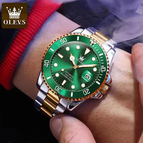 Luxury men’s automatic diver watch with green dial, stainless steel and gold strap, scratch-resistant glass, luminous display, and waterproof build.