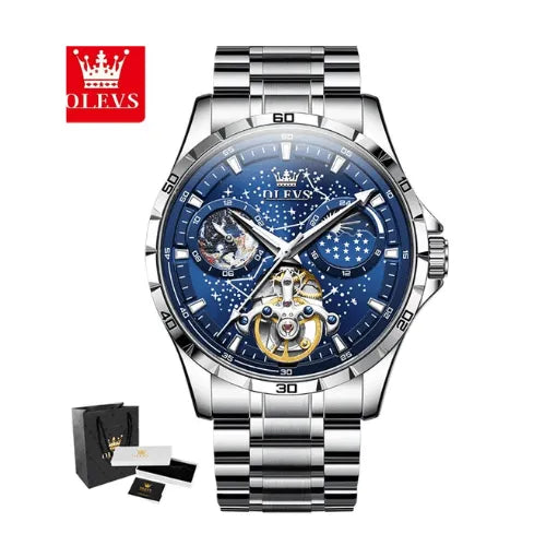 Gift Set Sky Automatic Watch with stainless steel strap and constellation blue dial.