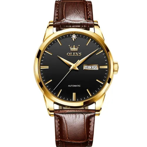 Front view of OLEVS automatic watch featuring black dial, date window and brown leather strap.