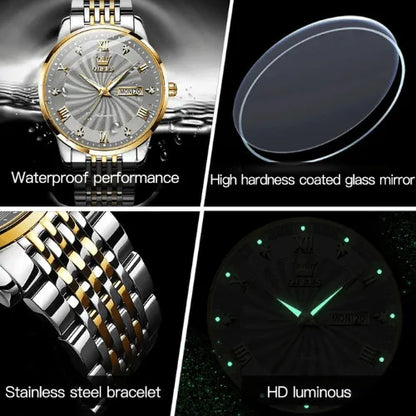 Elegant men’s automatic watch with silver and gold stainless steel bracelet, Roman numeral dial, and full calendar display.