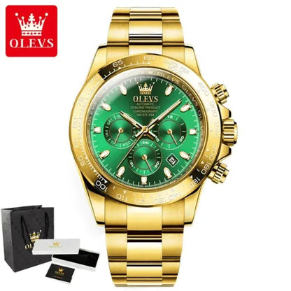 Elegant men’s automatic watch with vibrant green dial, gold case and bracelet, shown with premium packaging set.