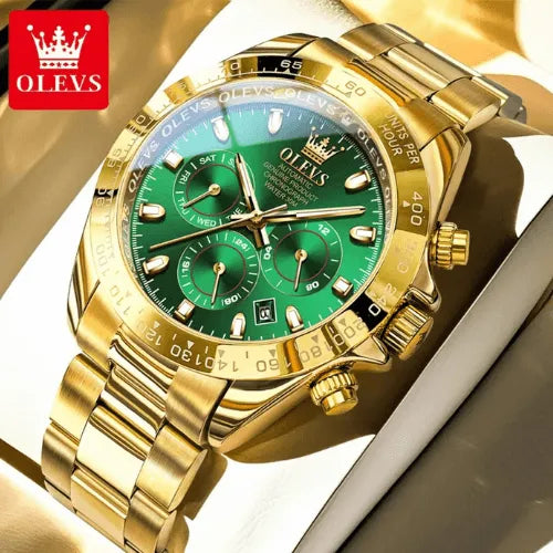 Luxury automatic men’s watch with green dial and gold stainless steel bracelet, featuring chronograph and luminous hands.