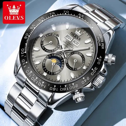 Men’s grey dial automatic watch with chronograph sub-dials and stainless steel bracelet.