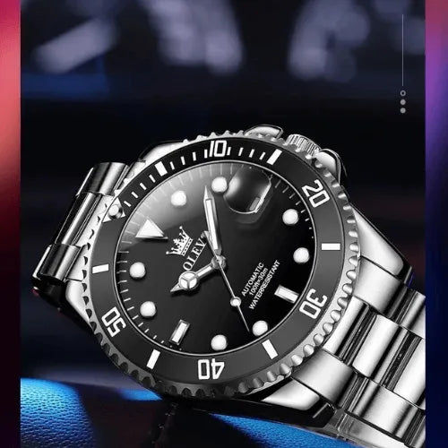 Luxury men’s automatic diver watch with silver stainless steel strap and black dial, water resistant and self-winding movement – Olevs UK.