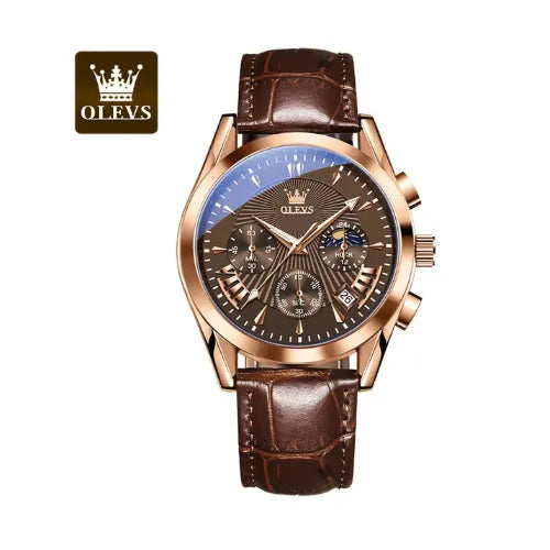 Brown leather men’s chronograph watch with rose gold bezel photographed front view.