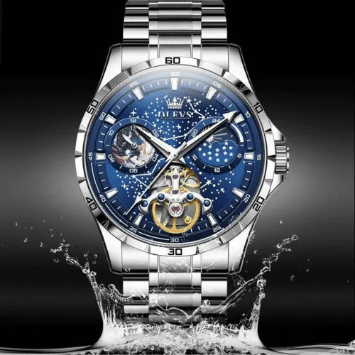 Luxury Waterproof Sky Watch with stainless steel case, blue dial, and luminous hands.