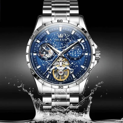 Luxury Waterproof Sky Watch with stainless steel case, blue dial, and luminous hands.