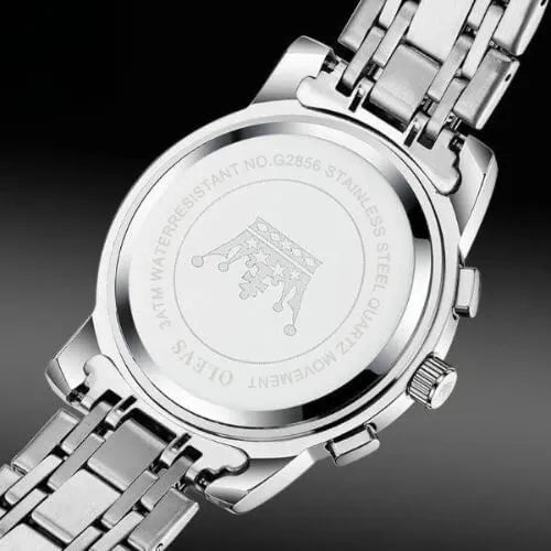 Stainless steel caseback of Majestic Silver men’s chronograph watch with engraved crown and quartz movement.