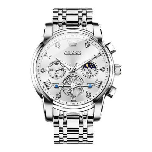 Luxury Majestic Silver men’s chronograph watch with moon phase, stainless steel bracelet and luminous hands – front close-up view.