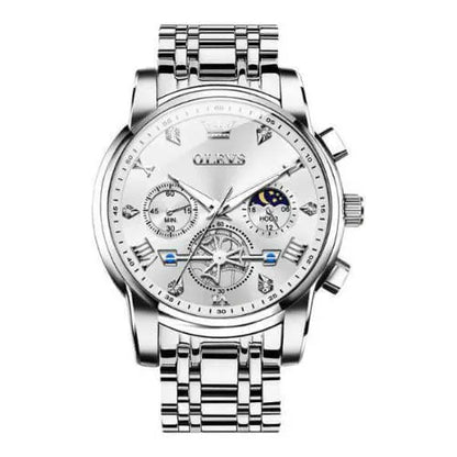 Luxury Majestic Silver men’s chronograph watch with moon phase, stainless steel bracelet and luminous hands – front close-up view.