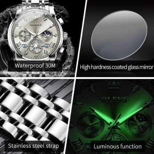 Majestic Silver men’s chronograph watch showing waterproof 30m, luminous function, stainless steel strap and coated glass mirror.