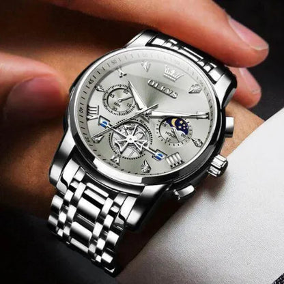 Luxury Majestic Silver men’s chronograph watch with moon phase, stainless steel bracelet and luminous hands – front close-up view